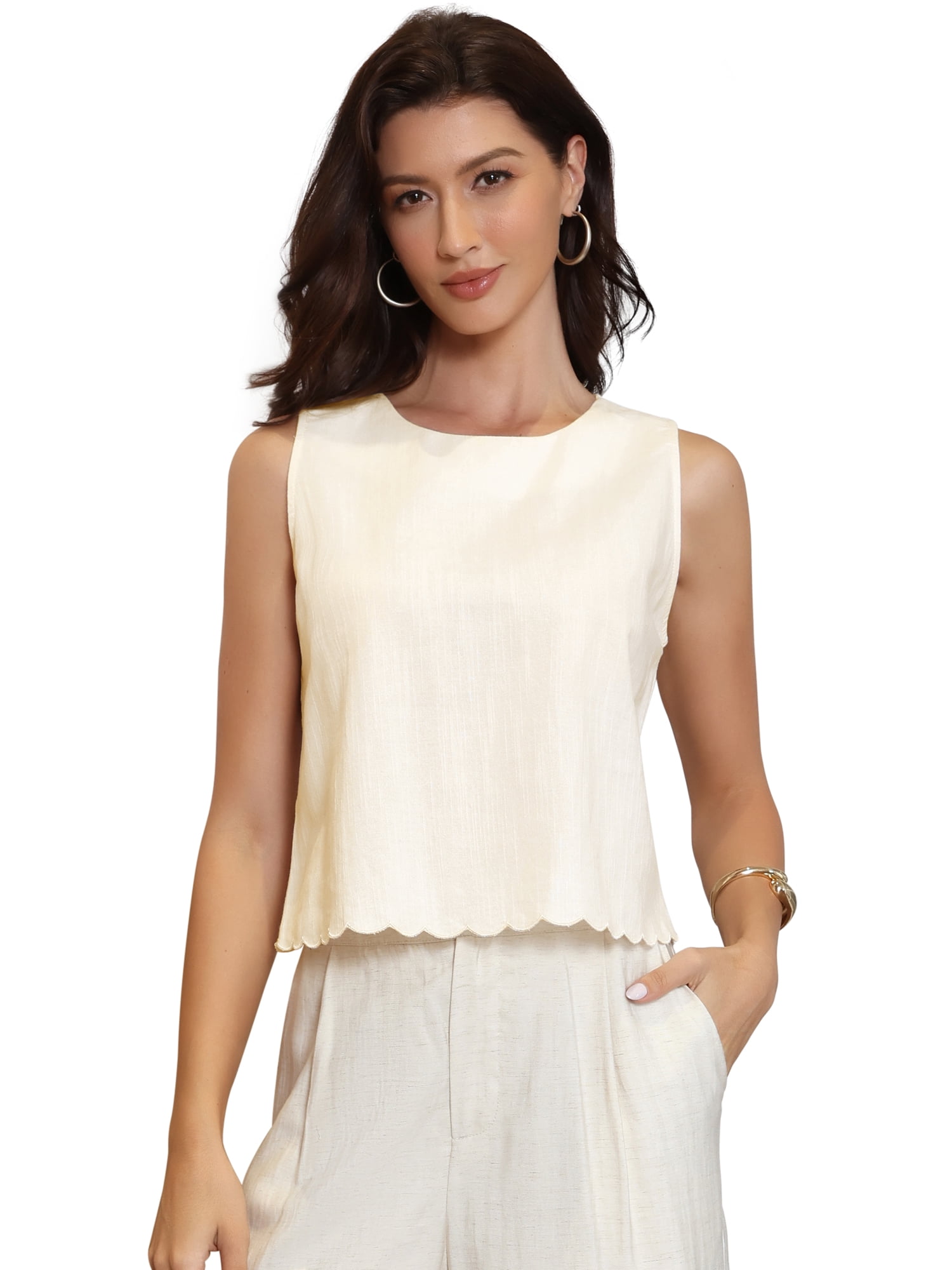 DARING DIVA Women's Linen Tank Top Sleeveless Crew Neck Scallop Hem Office XL Beige