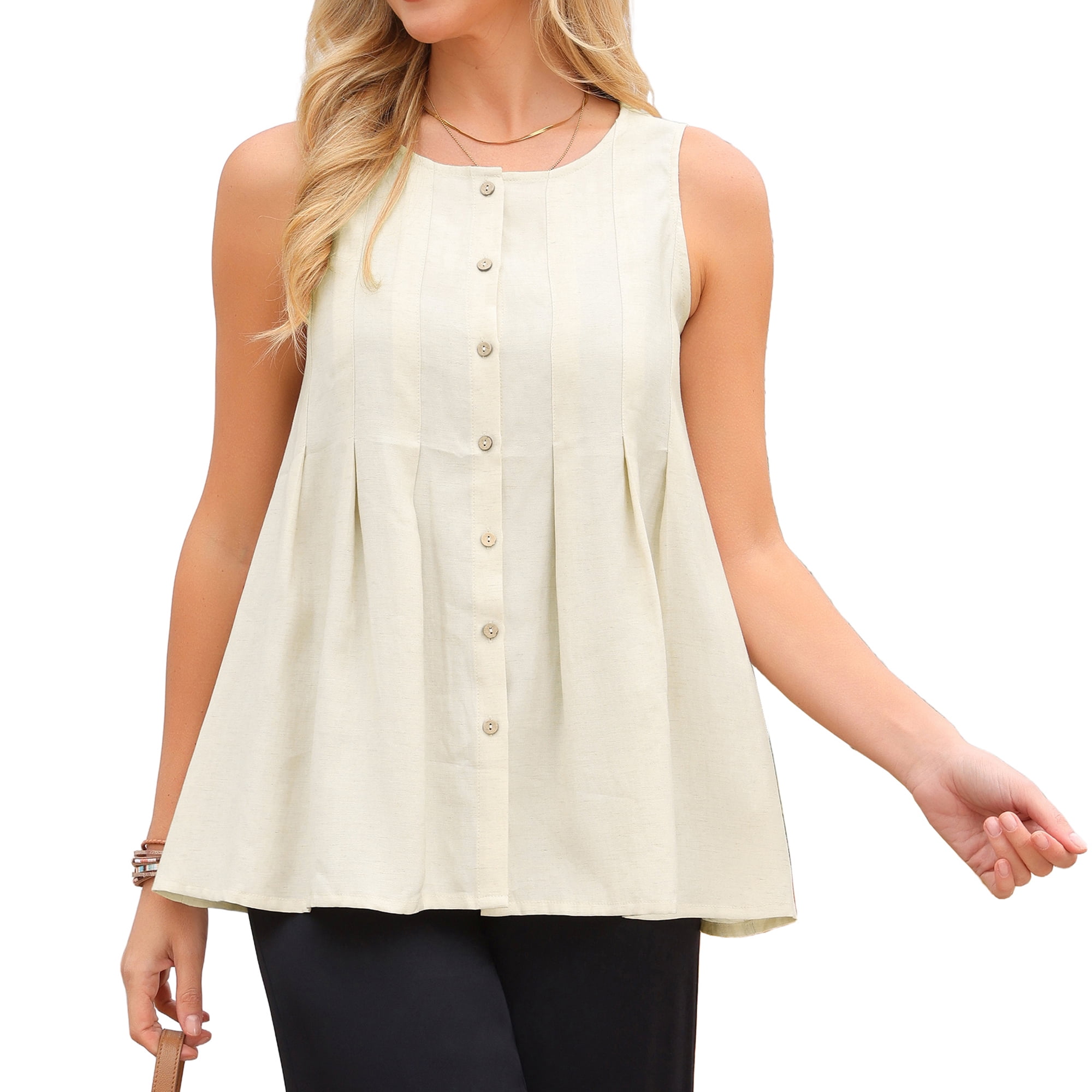 DARING DIVA Women's Linen Tank Tops Babydoll Sleeveless Shirts Peplum Blouse L Beige