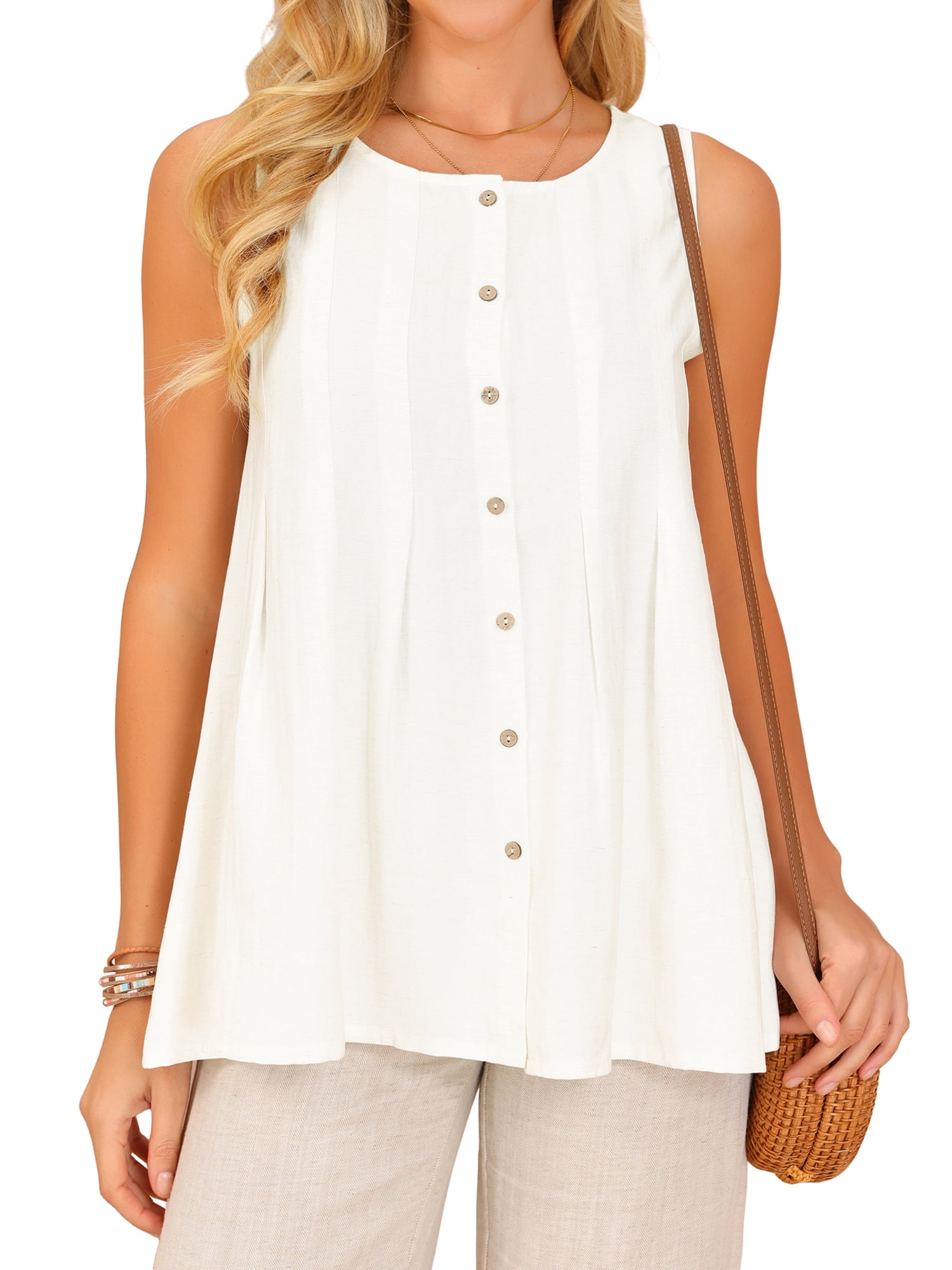 DARING DIVA Women's Linen Tank Tops Babydoll Sleeveless Shirts Peplum Blouse S White