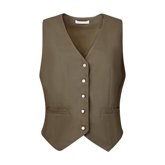 DARING DIVA Women's Linen Vest Button Down V Neck Business Waistcoat L Brown