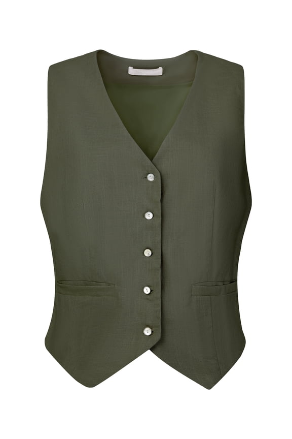 Women's Linen Vest Button Down V Neck Business Waistcoat L Olive Green