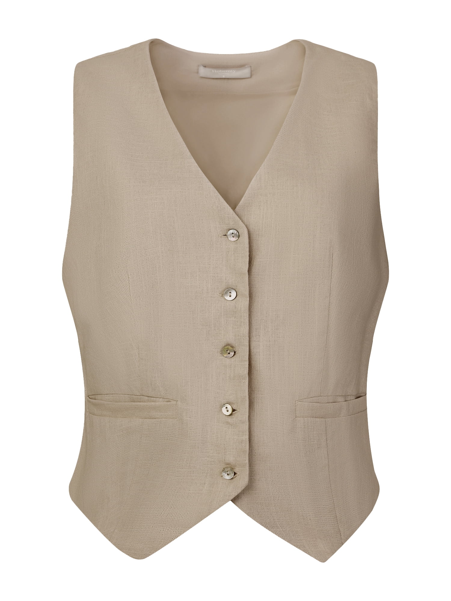 DARING DIVA Women's Linen Vest Sleeveless Button Down V Neck Business Waistcoat L Khaki