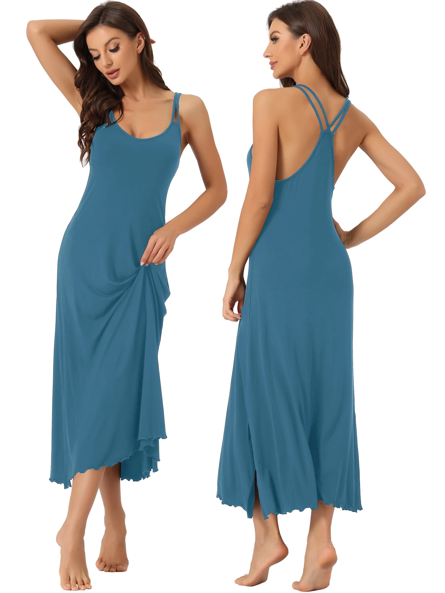 DARING DIVA Women's Lingerie Nighties Midi Racer Back Pajama Dress M Lake Blue