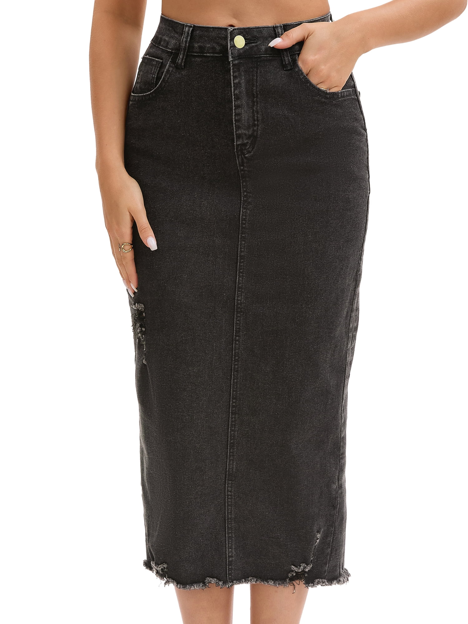 DARING DIVA Women's Long Denim Mid Waisted Pencil Jean Skirts M Black