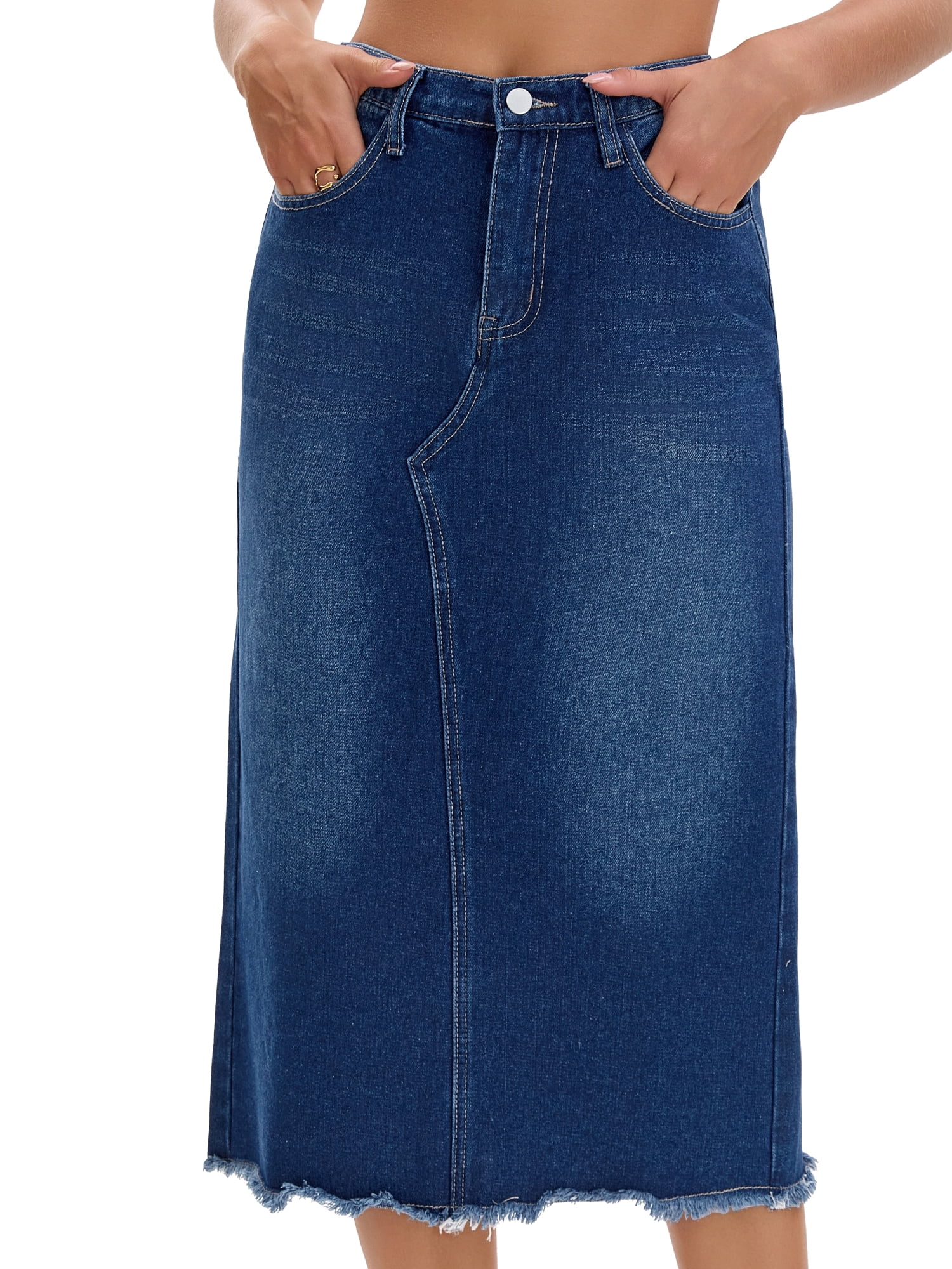 DARING DIVA Women's Long Denim Split Back Pockets Maxi Jean Skirts Medium Deep Blue