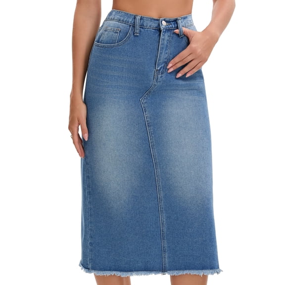 DARING DIVA Women's Long Denim Split Back Pockets Maxi Jean Skirts Small Blue