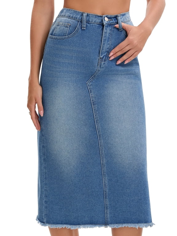 Women's Long Denim Split Back Pockets Maxi Jean Skirts X-Large Blue