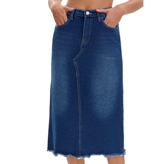 DARING DIVA Women's Long Denim Split Back Pockets Maxi Jean Skirts X-Large Deep Blue