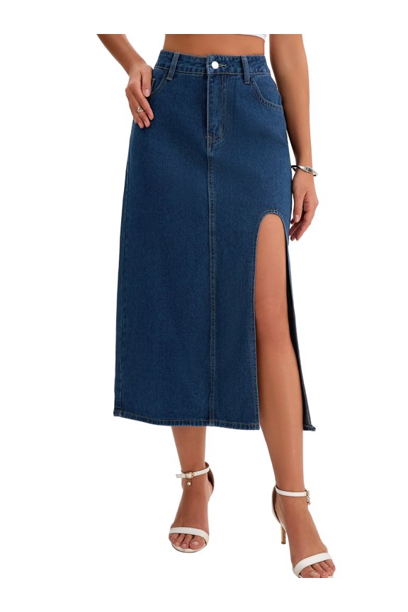 Women's Long Denim Spring Slit Midi Jean Skirts Large Dark Blue