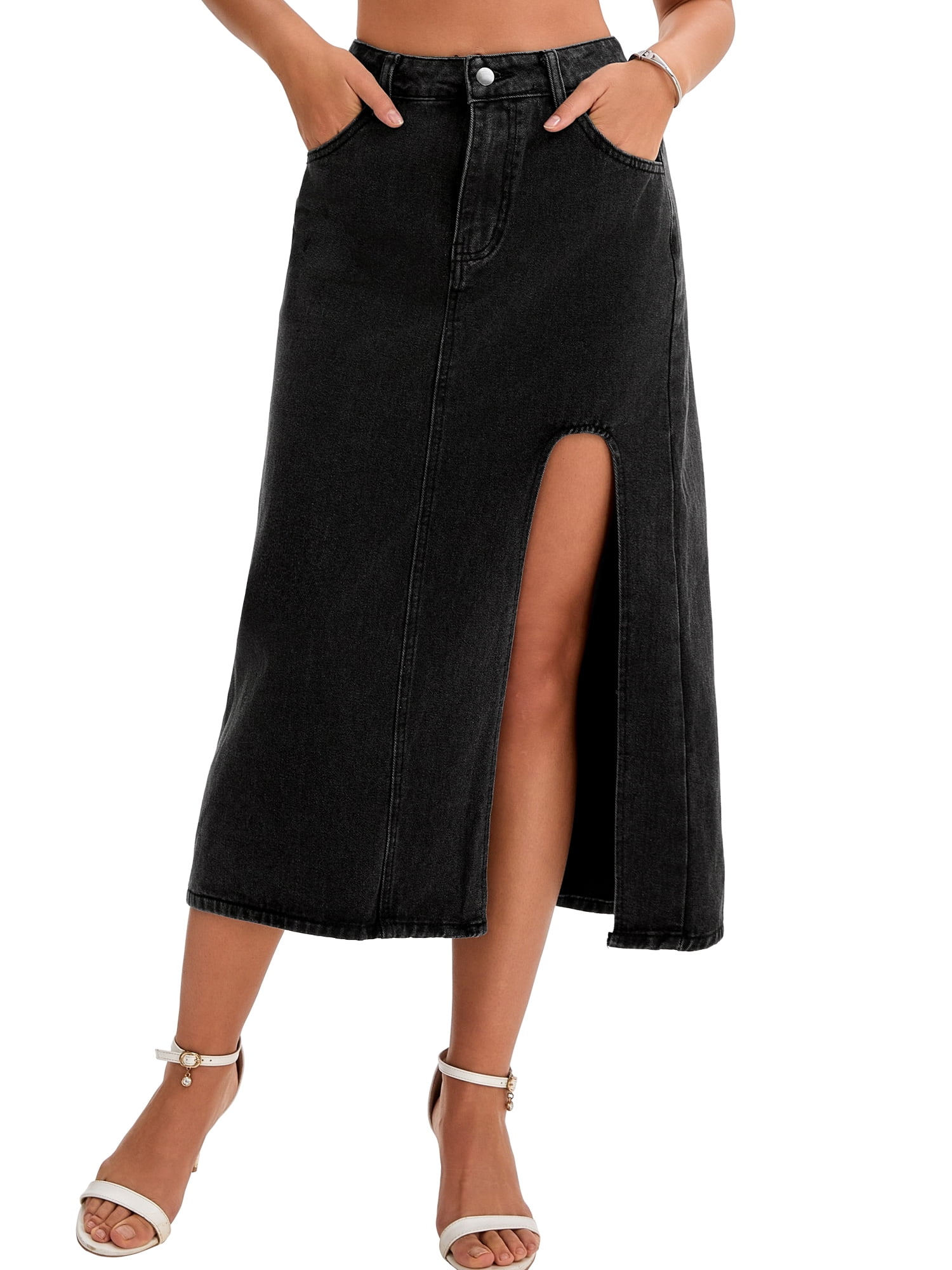 DARING DIVA Women's Long Denim Spring Slit Midi Jean Skirts Medium Black