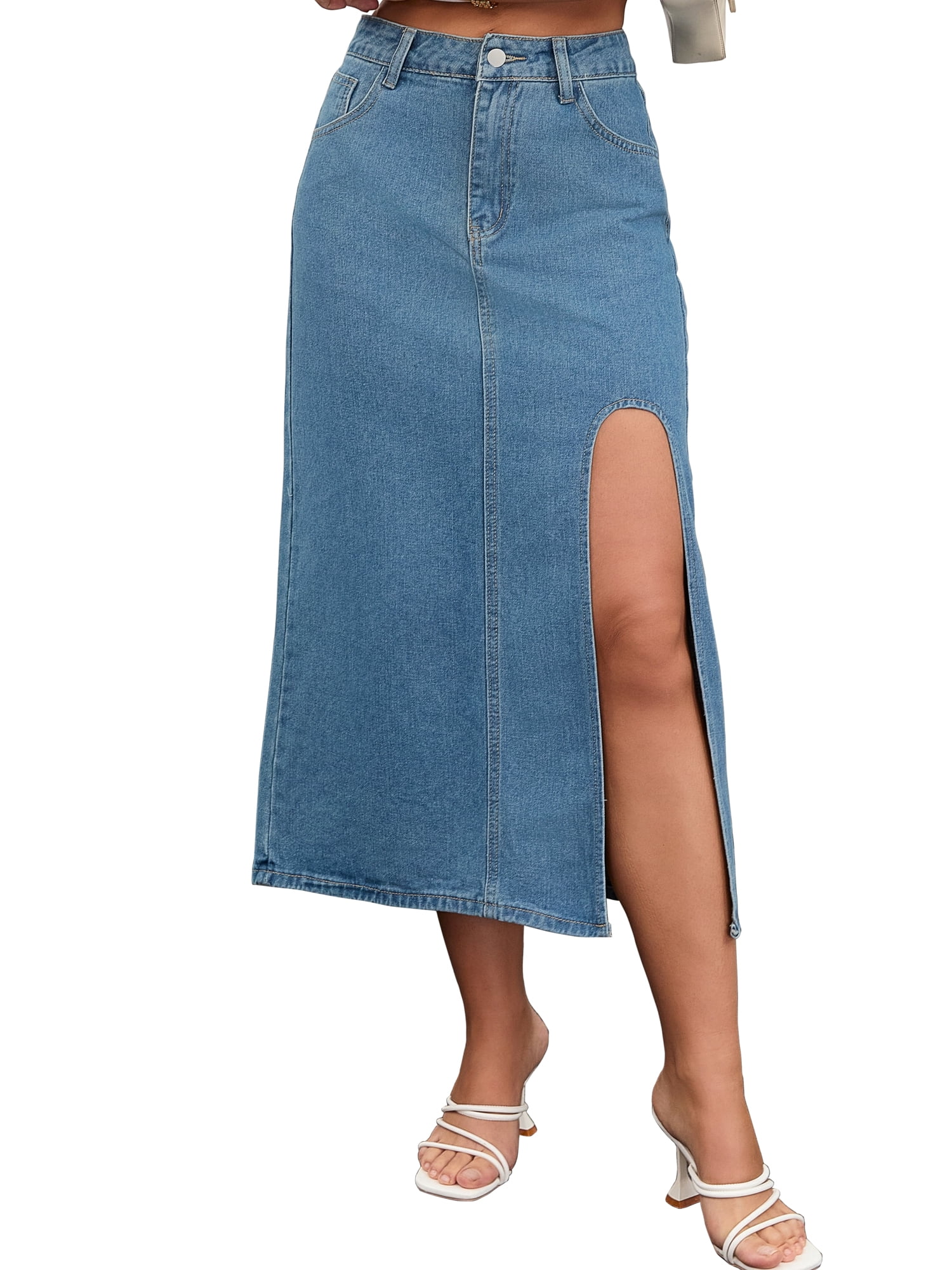 DARING DIVA Women's Long Denim Spring Slit Midi Jean Skirts Small Blue