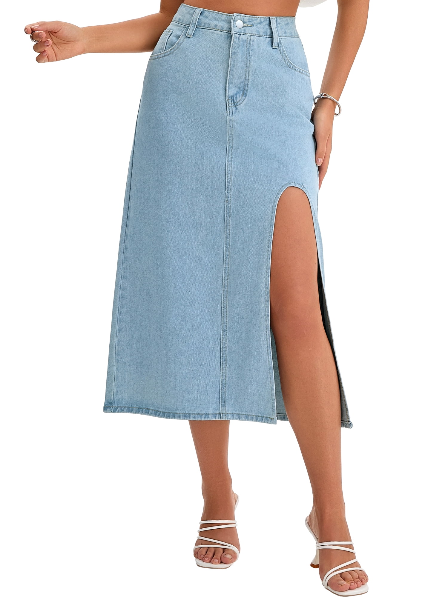 DARING DIVA Women's Long Denim Spring Slit Midi Jean Skirts Small Light Blue