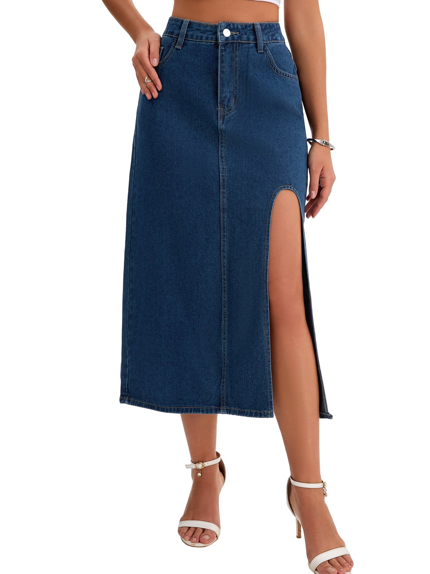 DARING DIVA Women's Long Denim Spring Slit Midi Jean Skirts X-Large Dark Blue