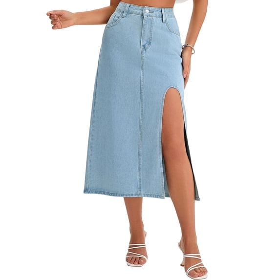 DARING DIVA Women's Long Denim Spring Slit Midi Jean Skirts X-Large Light Blue