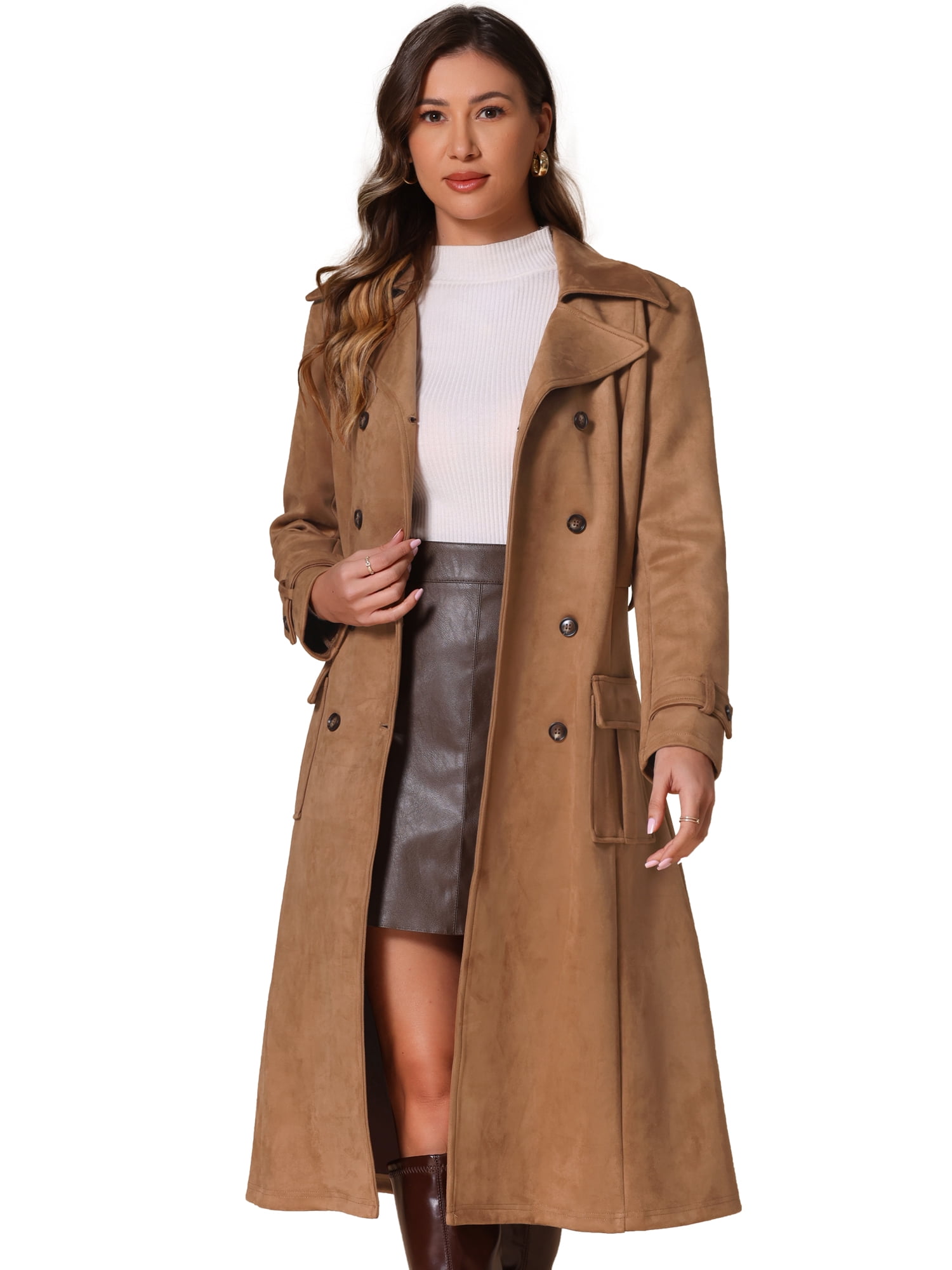 DARING DIVA Women's Long Faux Suede Fall Winter Trench Coat with Pockets L Brown