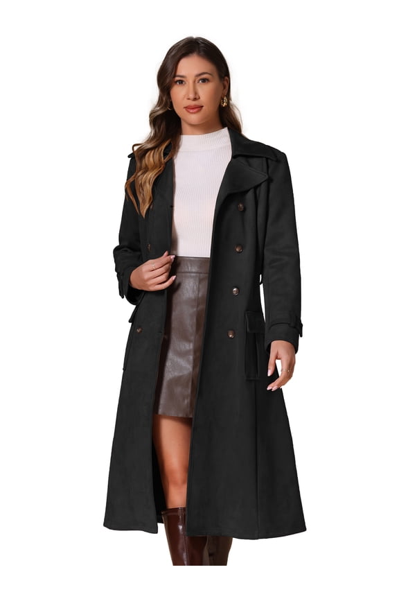 Women's Long Faux Suede Fall Winter Trench Coat with Pockets M Black