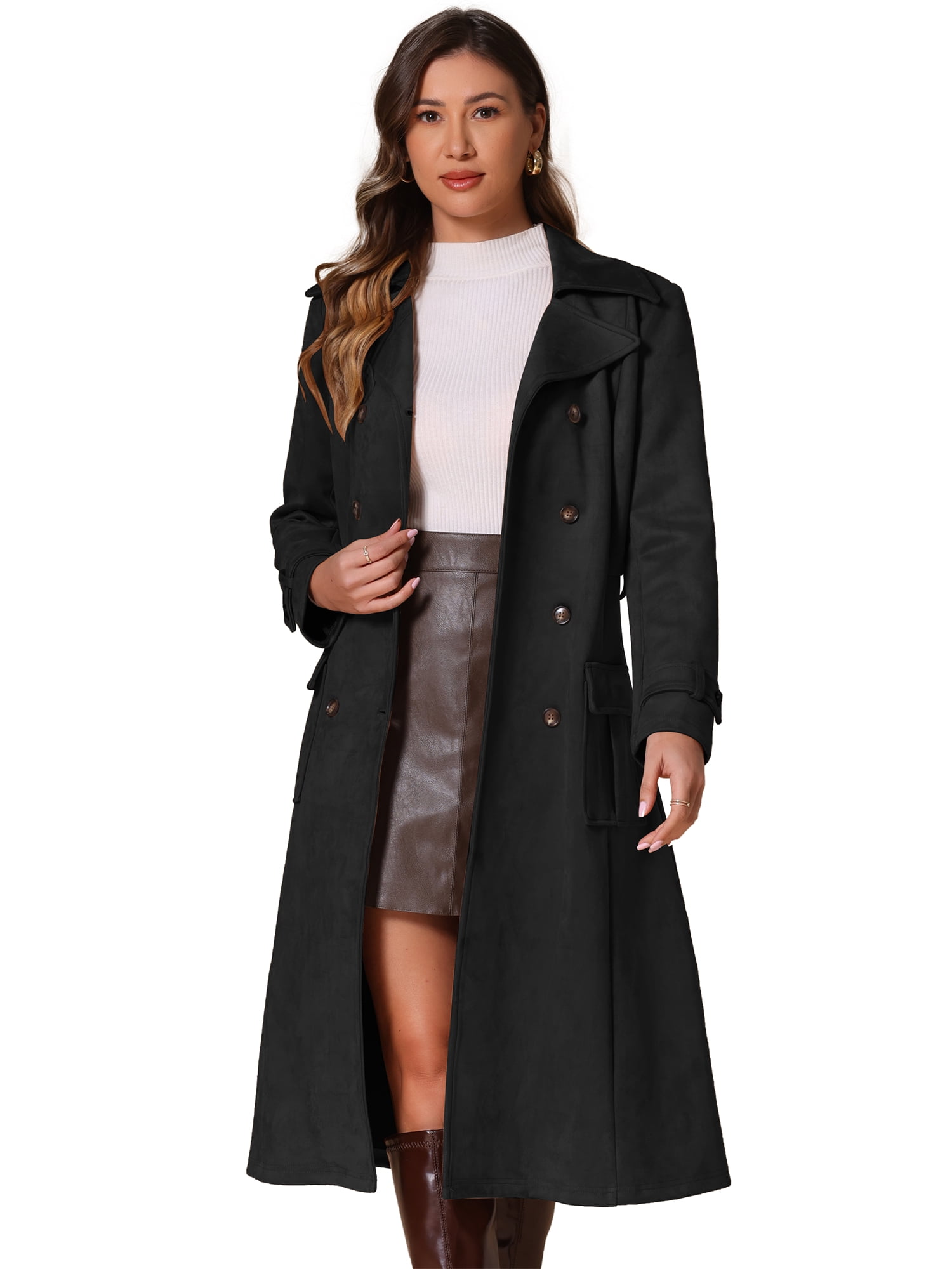 DARING DIVA Women's Long Faux Suede Fall Winter Trench Coat with Pockets S Black