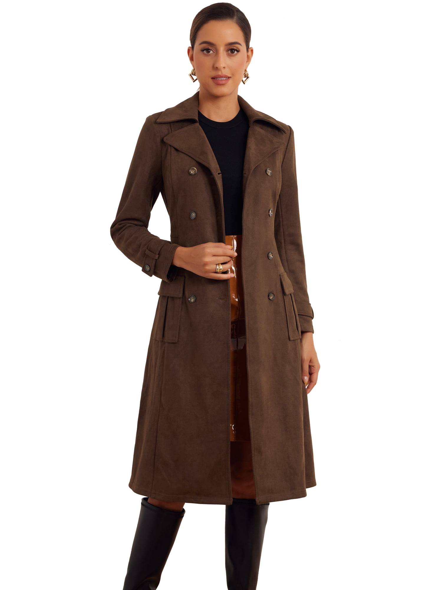 DARING DIVA Women's Long Faux Suede Fall Winter Trench Coat with Pockets S Dark Coffee