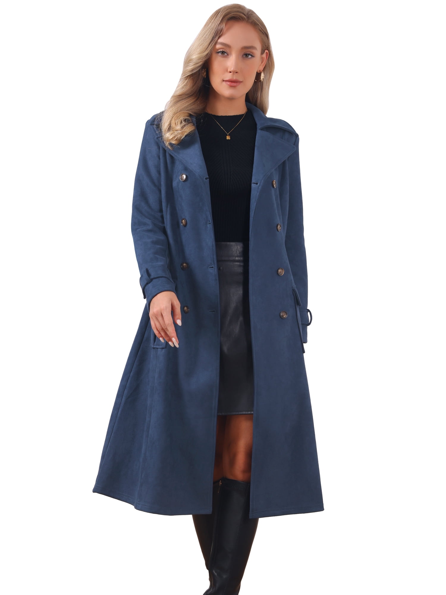 DARING DIVA Women's Long Faux Suede Jacket Fall Winter Trench Coat with Pockets M Blue