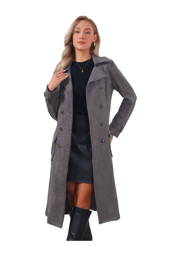 Women's Long Faux Suede Jacket Fall Winter Trench Coat with Pockets S Gray