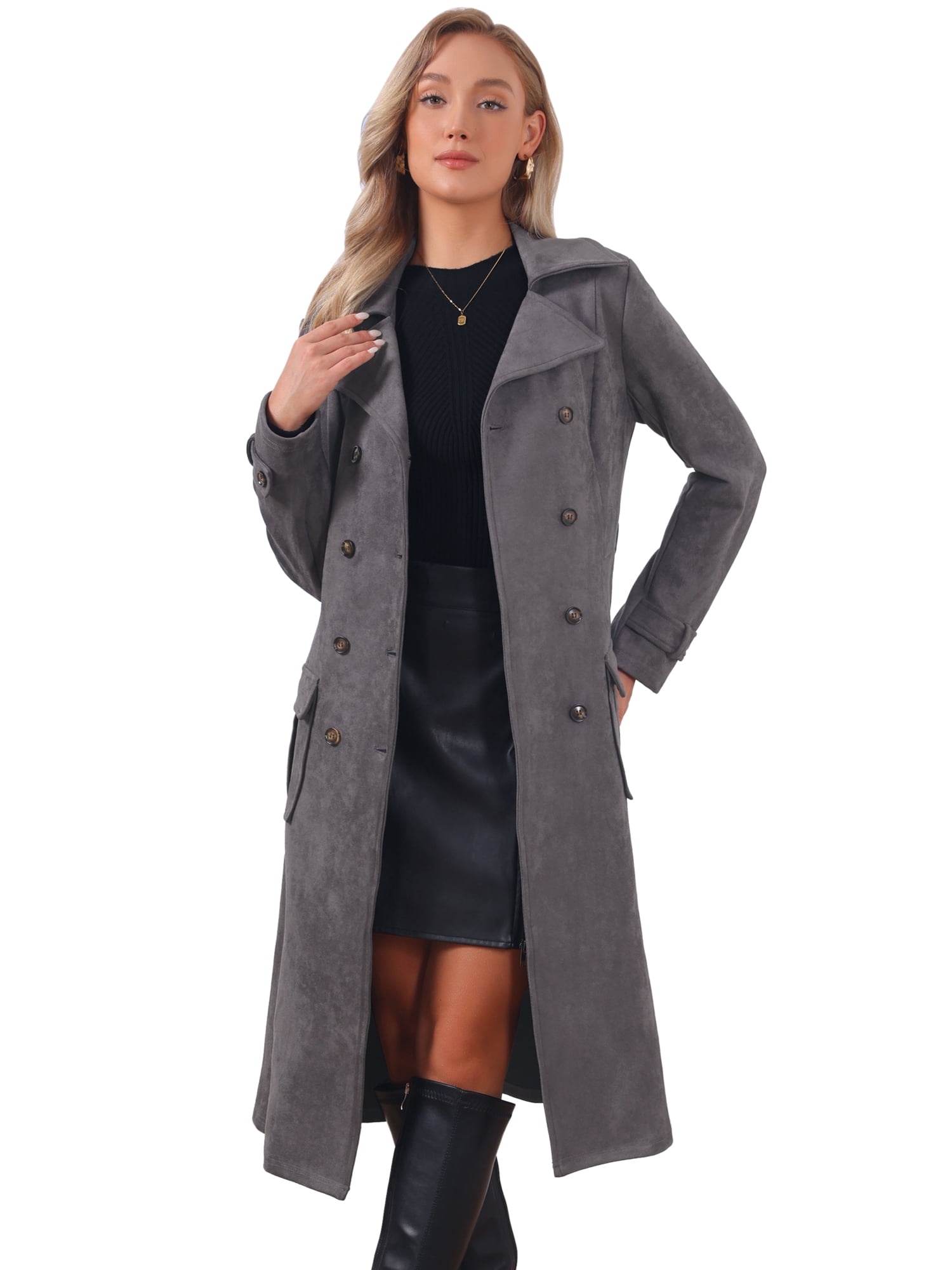 DARING DIVA Women's Long Faux Suede Jacket Fall Winter Trench Coat with Pockets XL Gray