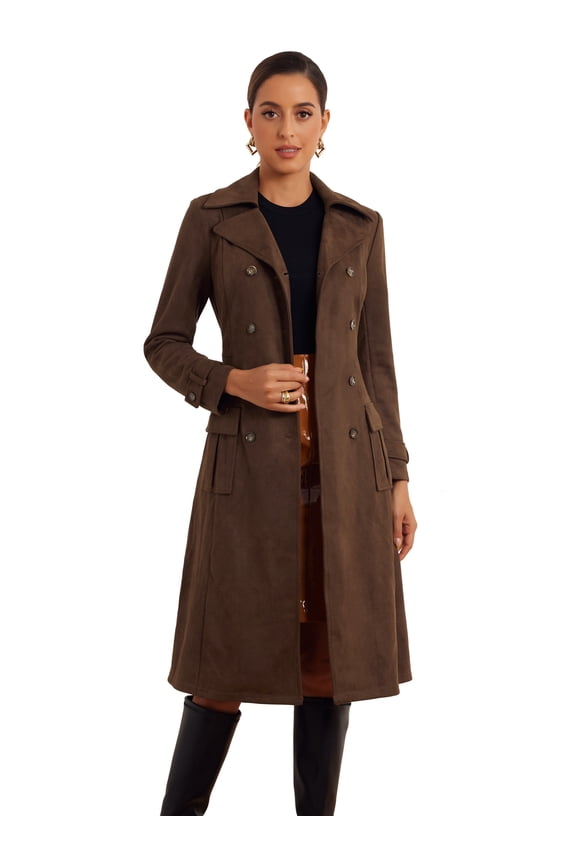 Women's Long Faux Suede Trench Coats L Dark Coffee