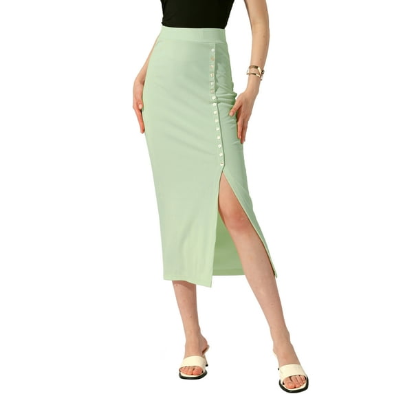 DARING DIVA Women's Long Pencil Skirt Business Button Decor Midi Skirts L Green