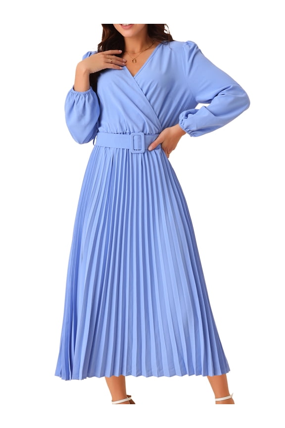 Women's Long Puff Sleeve Flowy Ruffle Pleated Dress with Belt S Blue