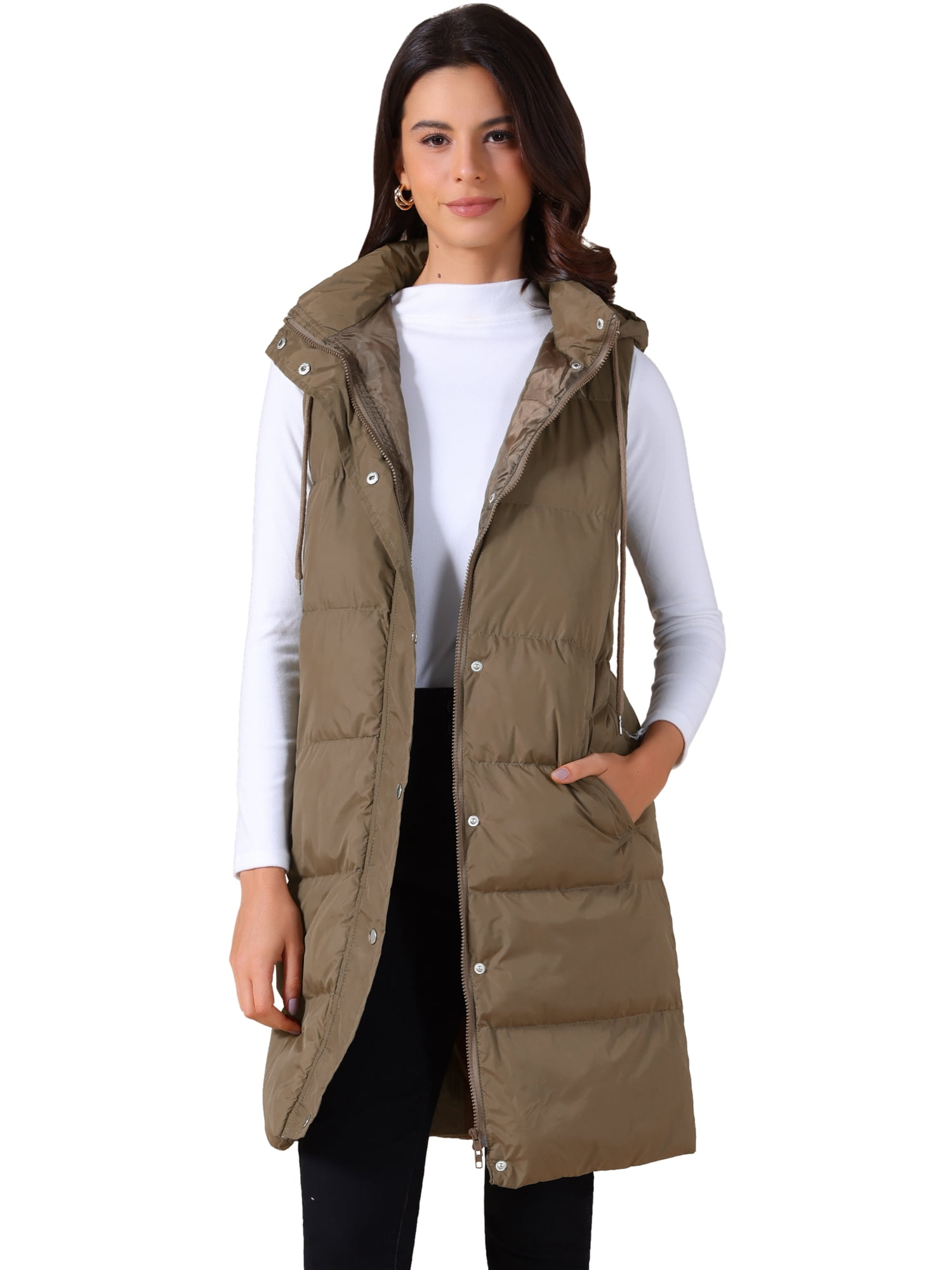 DARING DIVA Women's Long Puffer Vest Casual Sleeveless Hooded Down Jacket M Coffee