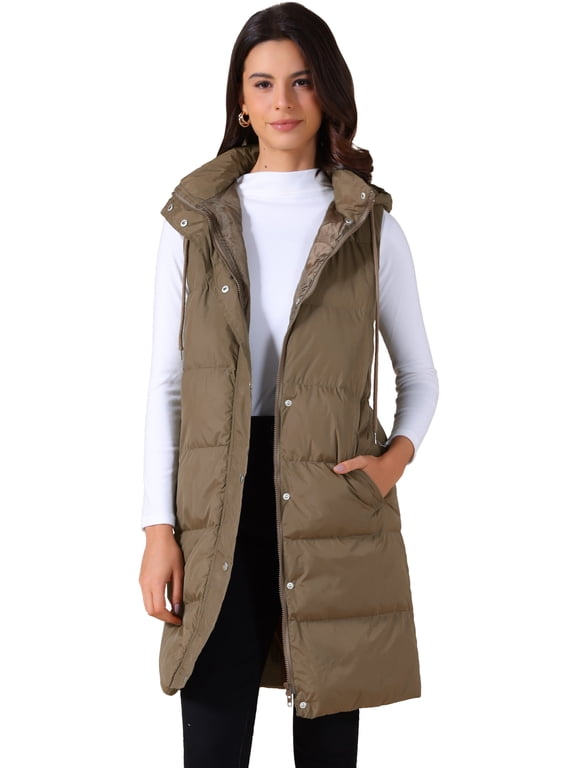 Women's Long Puffer Vest Casual Sleeveless Hooded Down Jacket M Coffee