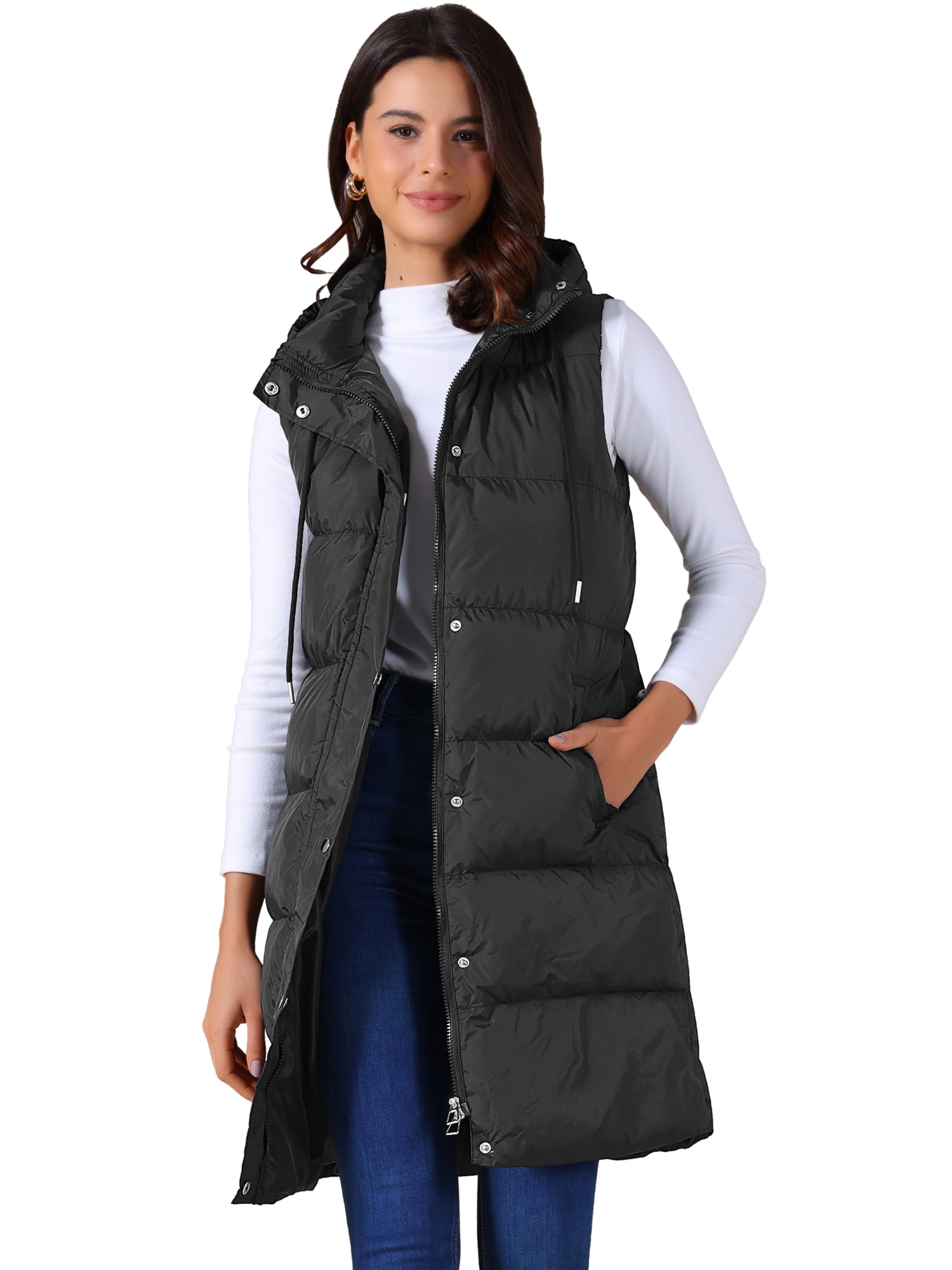 DARING DIVA Women's Long Puffer Vest Casual Sleeveless Hooded Down Jacket S Black