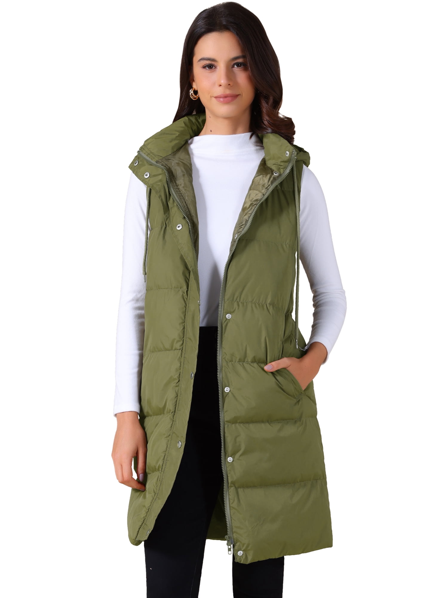DARING DIVA Women's Long Puffer Vest Casual Sleeveless Hooded Down Jacket S Green