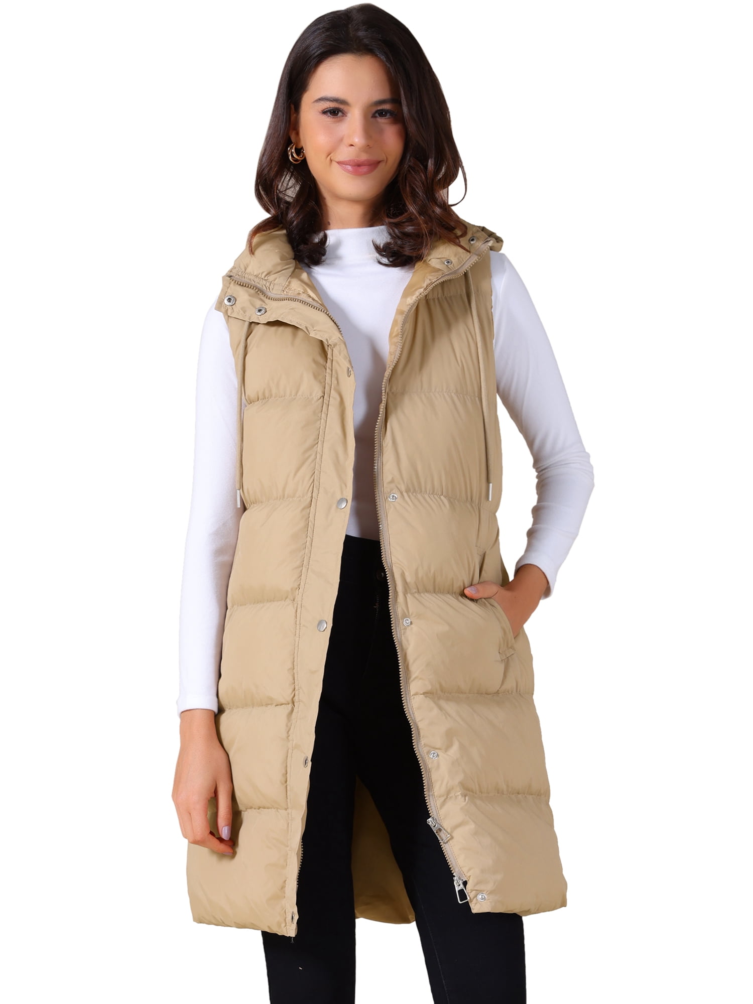 DARING DIVA Women's Long Puffer Vest Casual Sleeveless Hooded Down Jacket XL Khaki