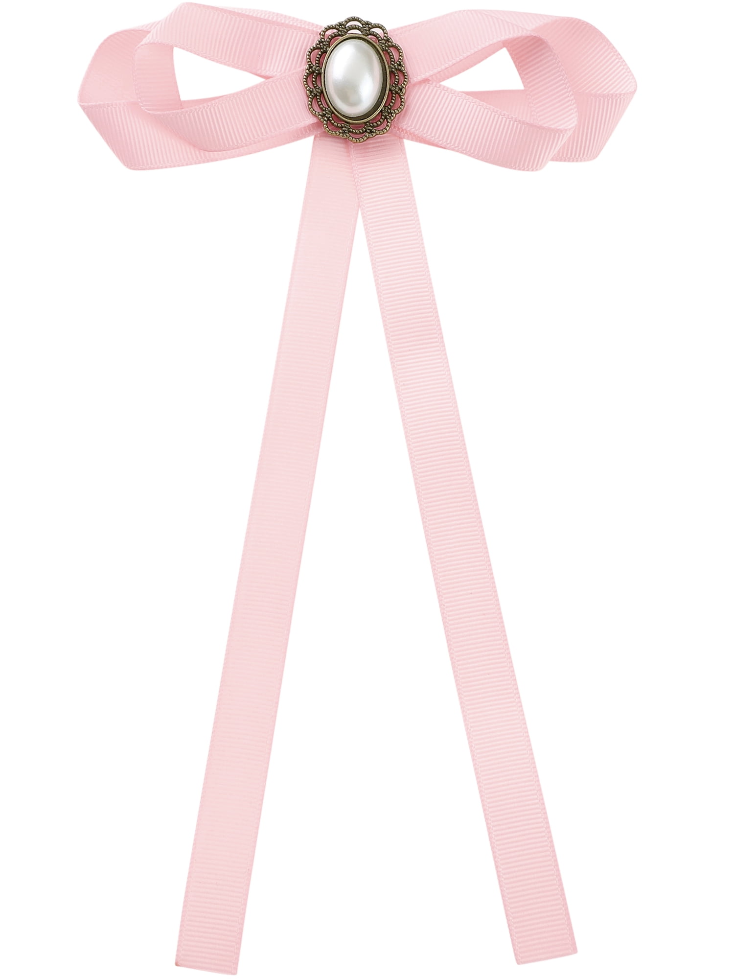 DARING DIVA Women's Long Ribbon Pre-Tied Bow Tie with Faux Pearl Pink