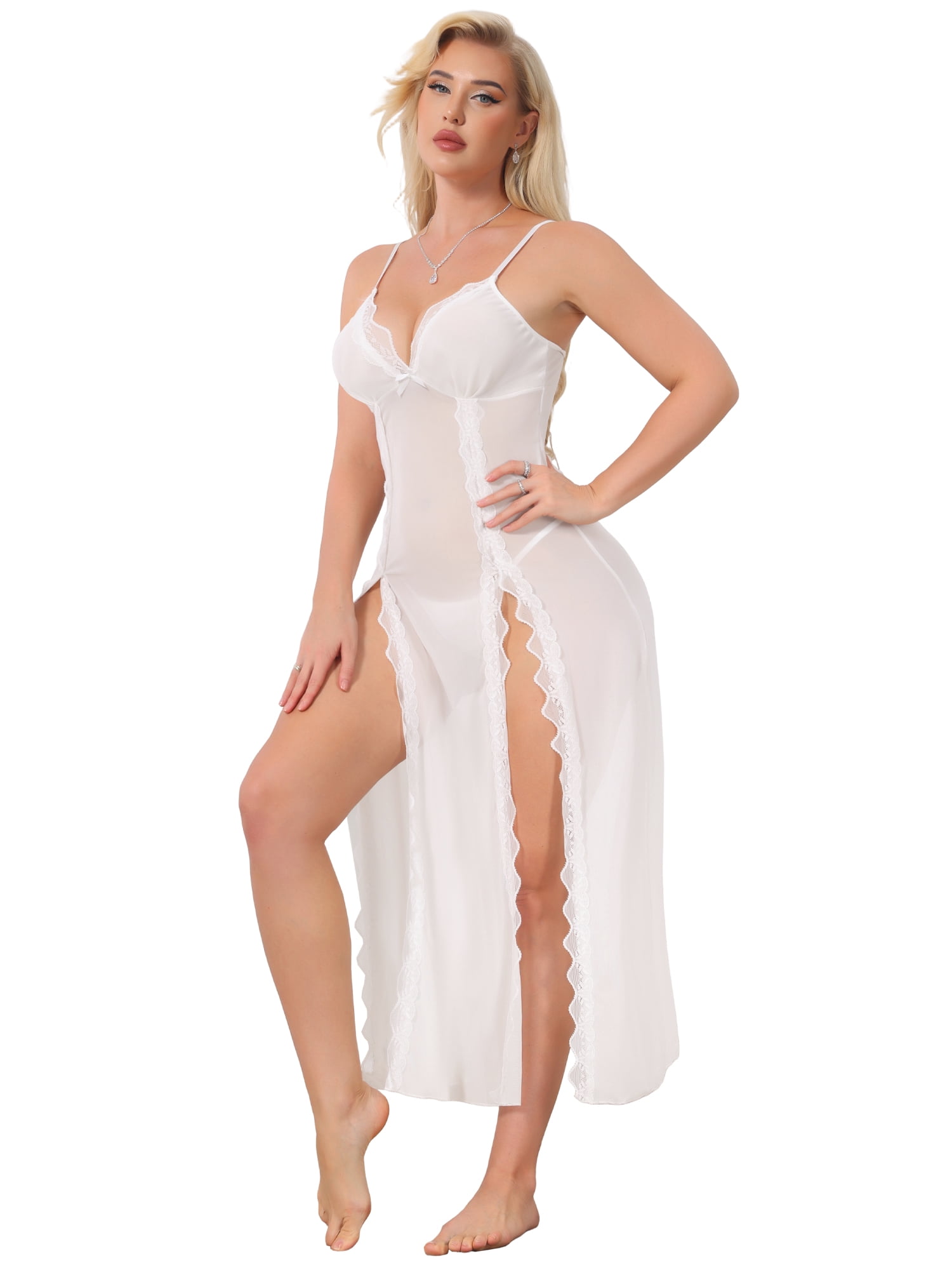 DARING DIVA Women's Long Side Split Lace Nightdress Mesh V Neck Lingerie Set L White