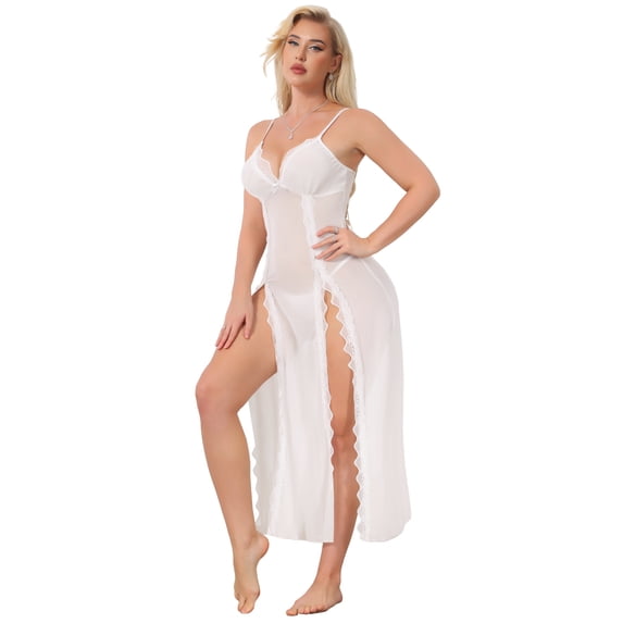 DARING DIVA Women's Long Side Split Lace Nightdress Mesh V Neck Lingerie Set L White