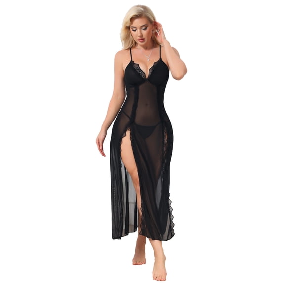 DARING DIVA Women's Long Side Split Lace Nightdress Mesh V Neck Lingerie Set M Black