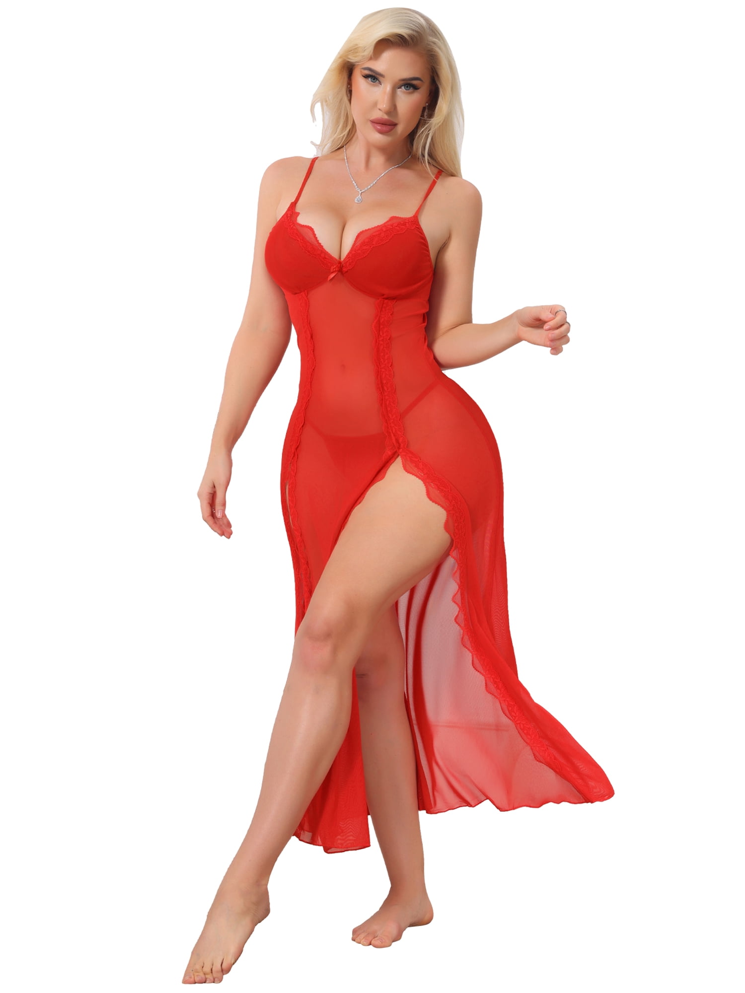 DARING DIVA Women's Long Side Split Lace Nightdress Mesh V Neck Lingerie Set M Red