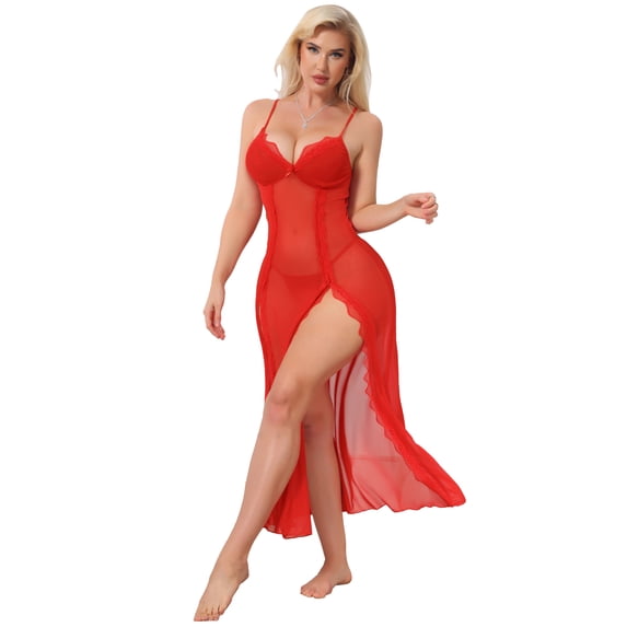 DARING DIVA Women's Long Side Split Lace Nightdress Mesh V Neck Lingerie Set S Red