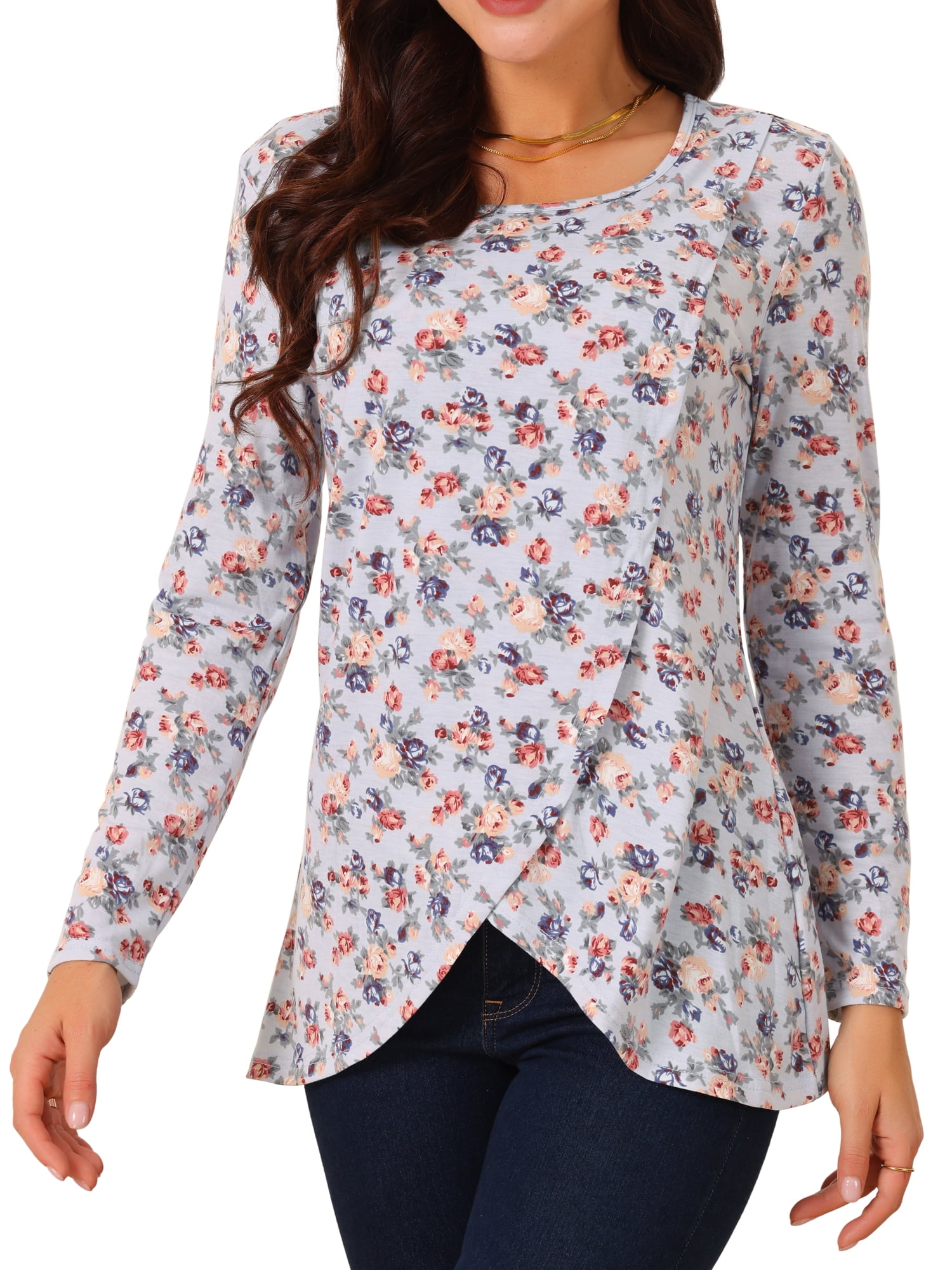DARING DIVA Women's Long Sleeve Floral Tops Pullover Tunic Shirts L Grey Blue