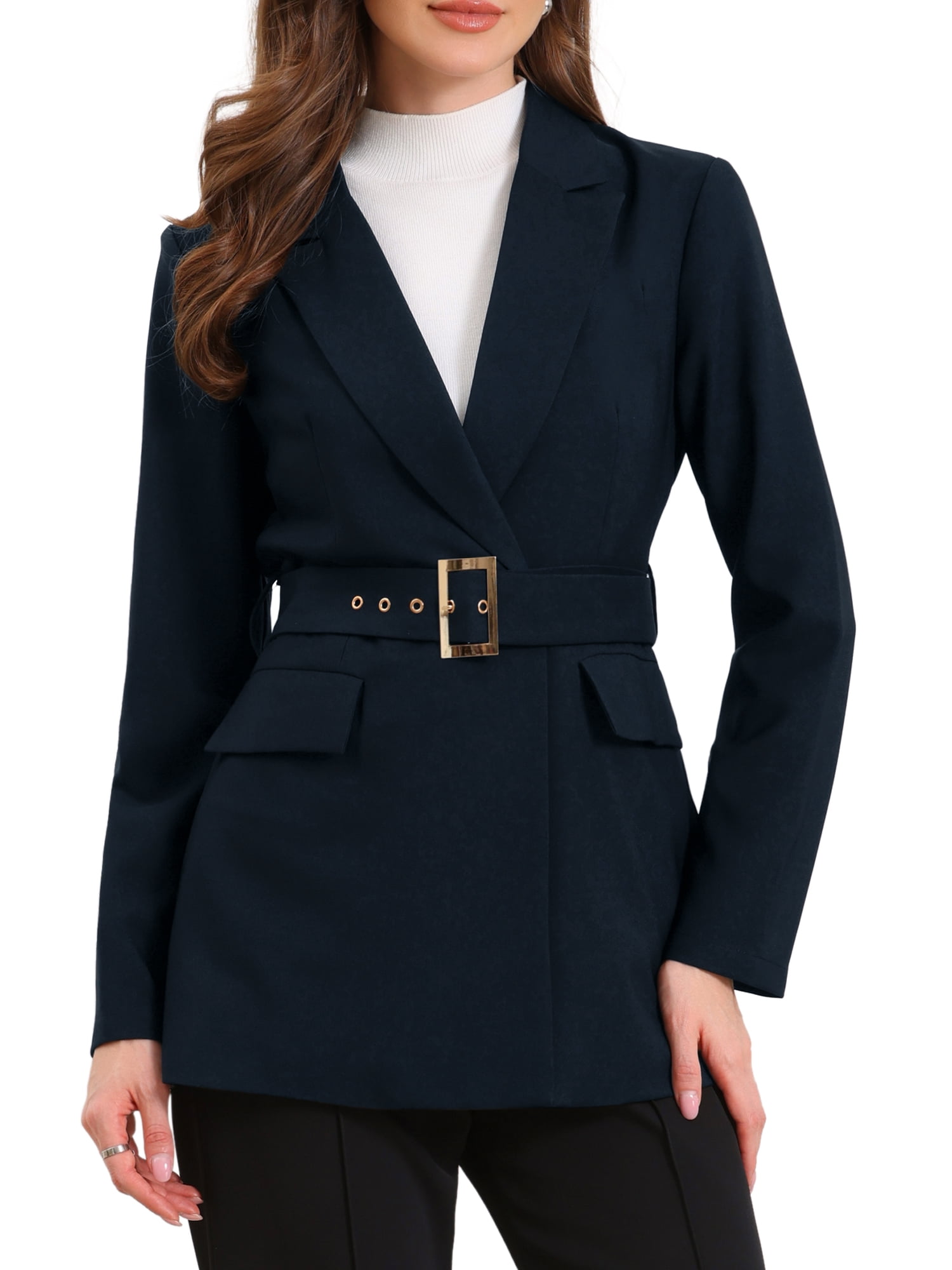 DARING DIVA Women's Long Sleeve Belted Long Blazer Suit Jacket M Navy Blue