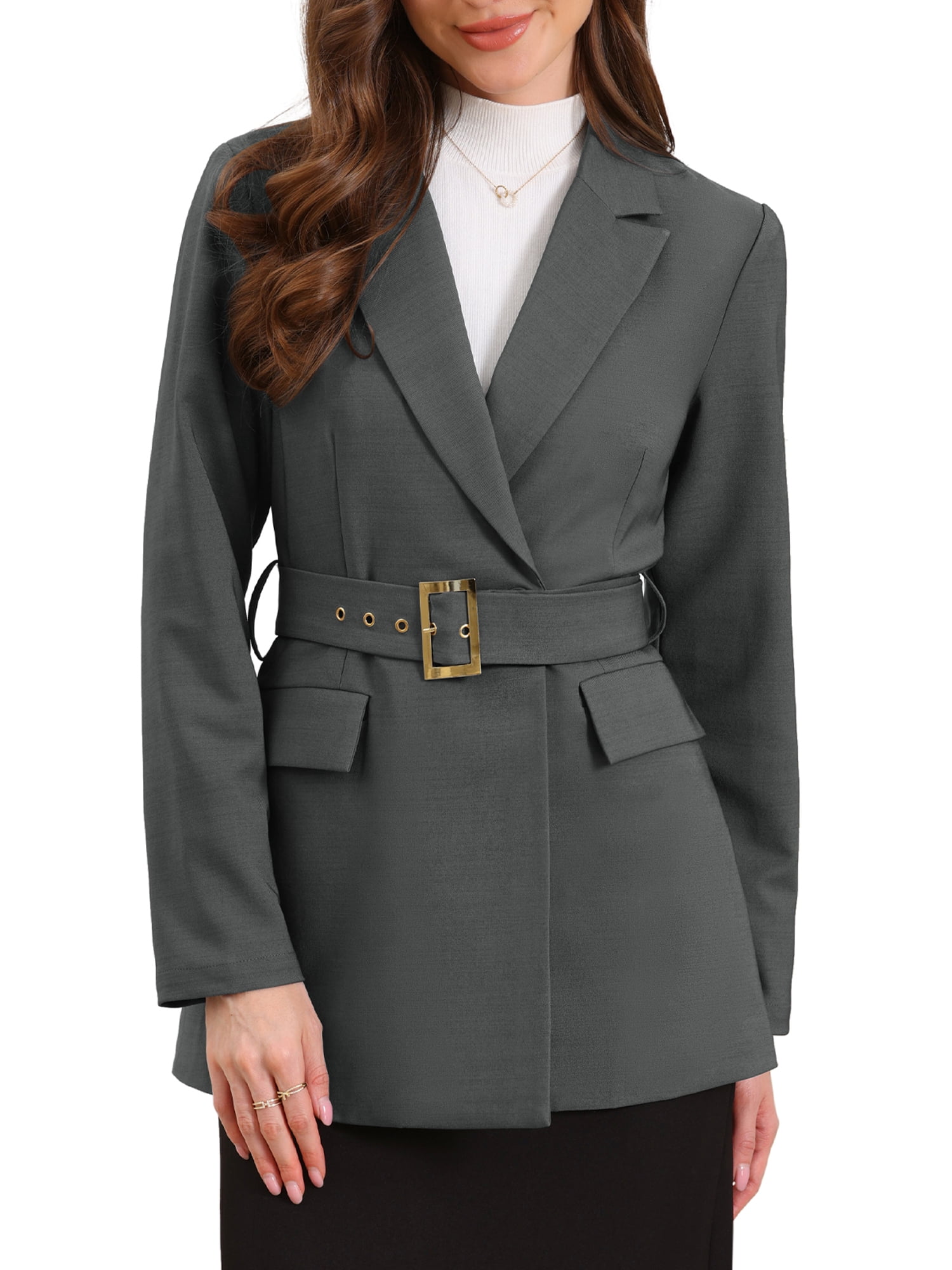 DARING DIVA Women's Long Sleeve Belted Long Blazer Suit Jacket S Dark Gray