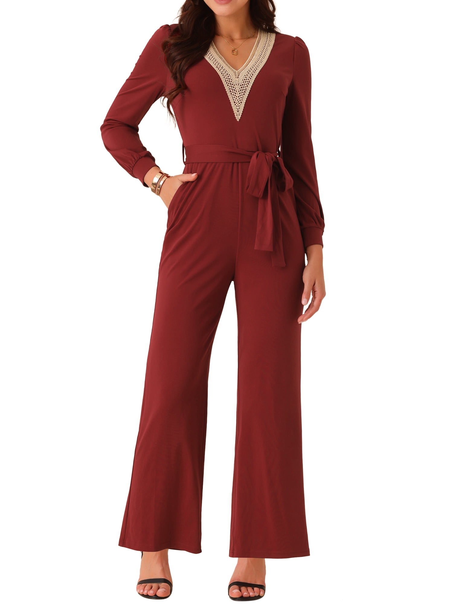 DARING DIVA Women's Long Sleeve Belted Stretchy Jumpsuit XL Wine Red