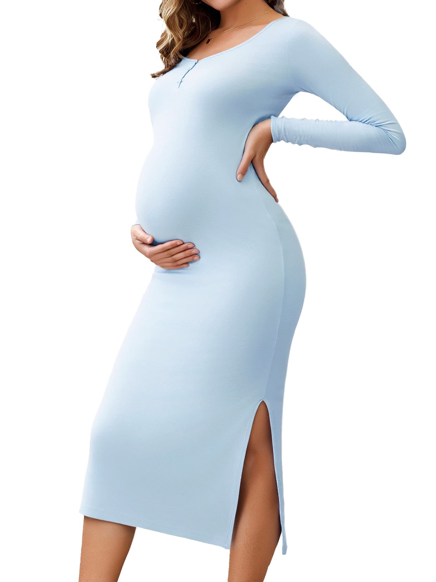 DARING DIVA Women's Long Sleeve Bodycon Henley Collar Midi Maternity Dress S Blue