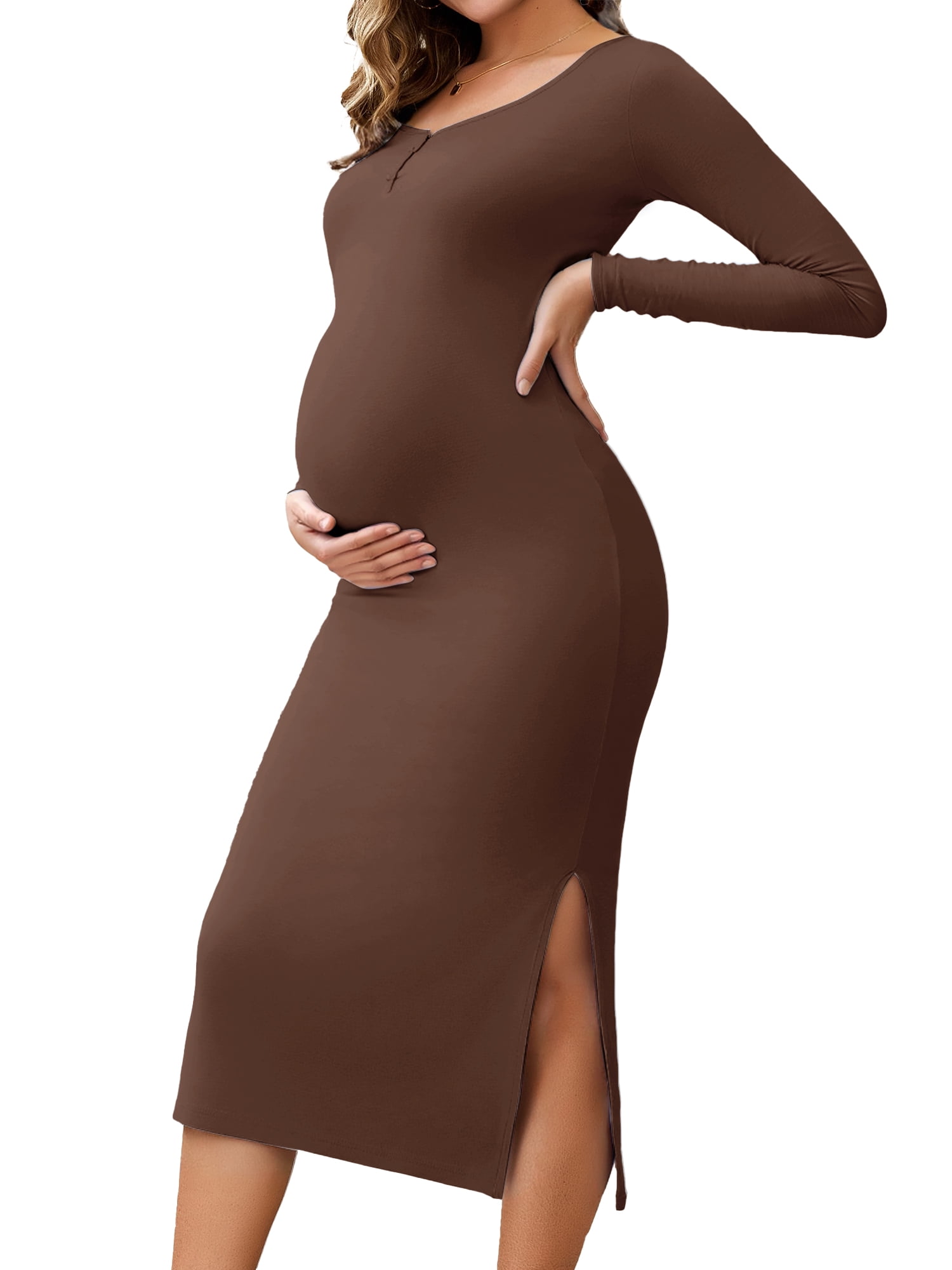 DARING DIVA Women's Long Sleeve Bodycon Henley Collar Midi Maternity Dress S Brown