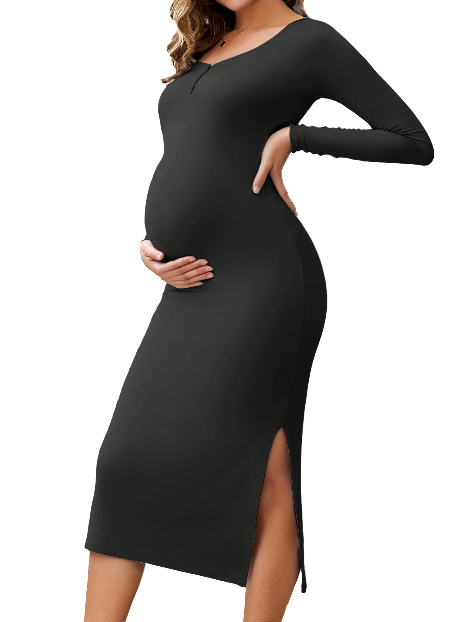 DARING DIVA Women's Long Sleeve Bodycon Henley Collar Midi Maternity Dress XL Black
