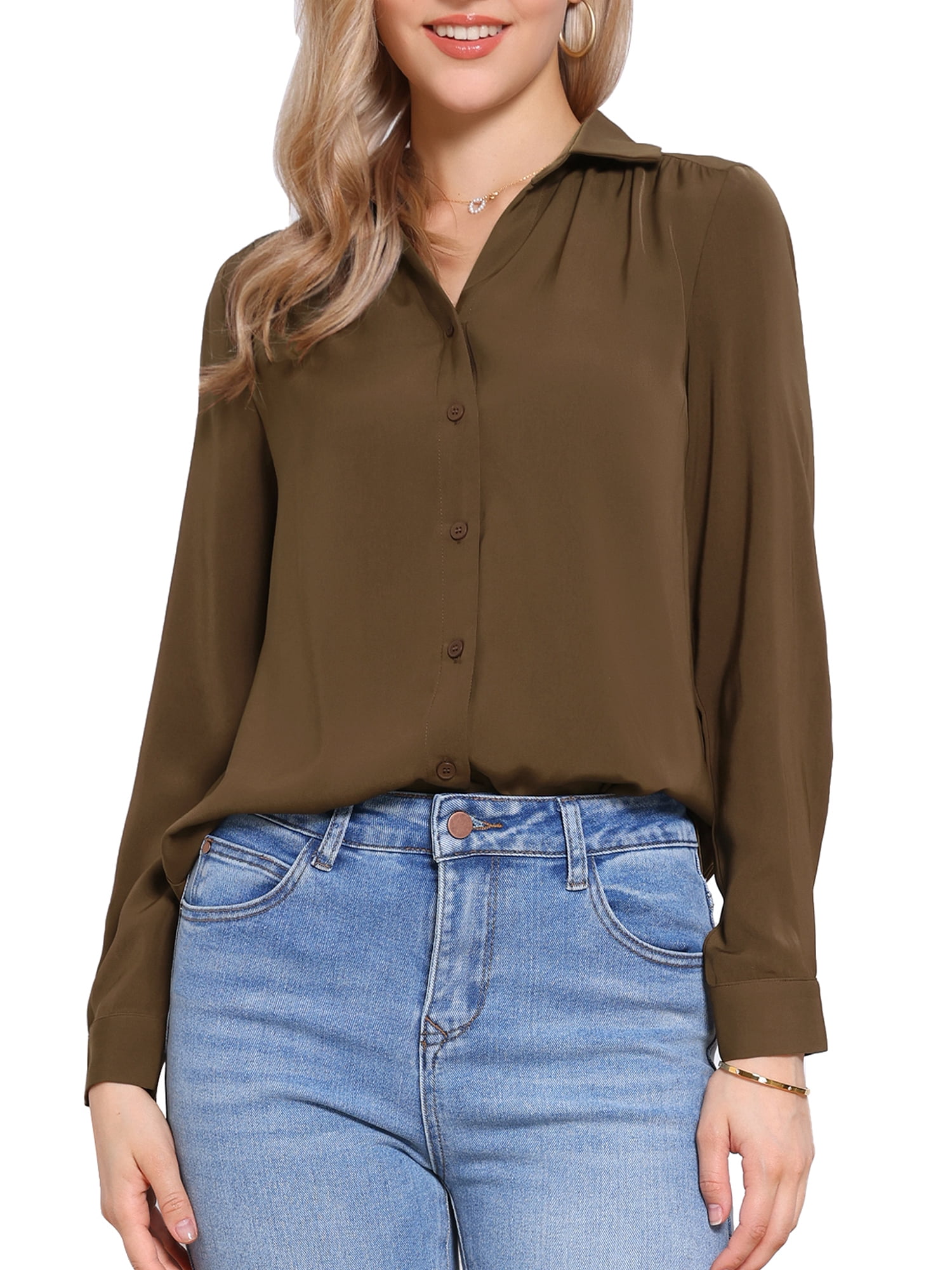DARING DIVA Women's Long Sleeve Business Casual Work Top S Brown