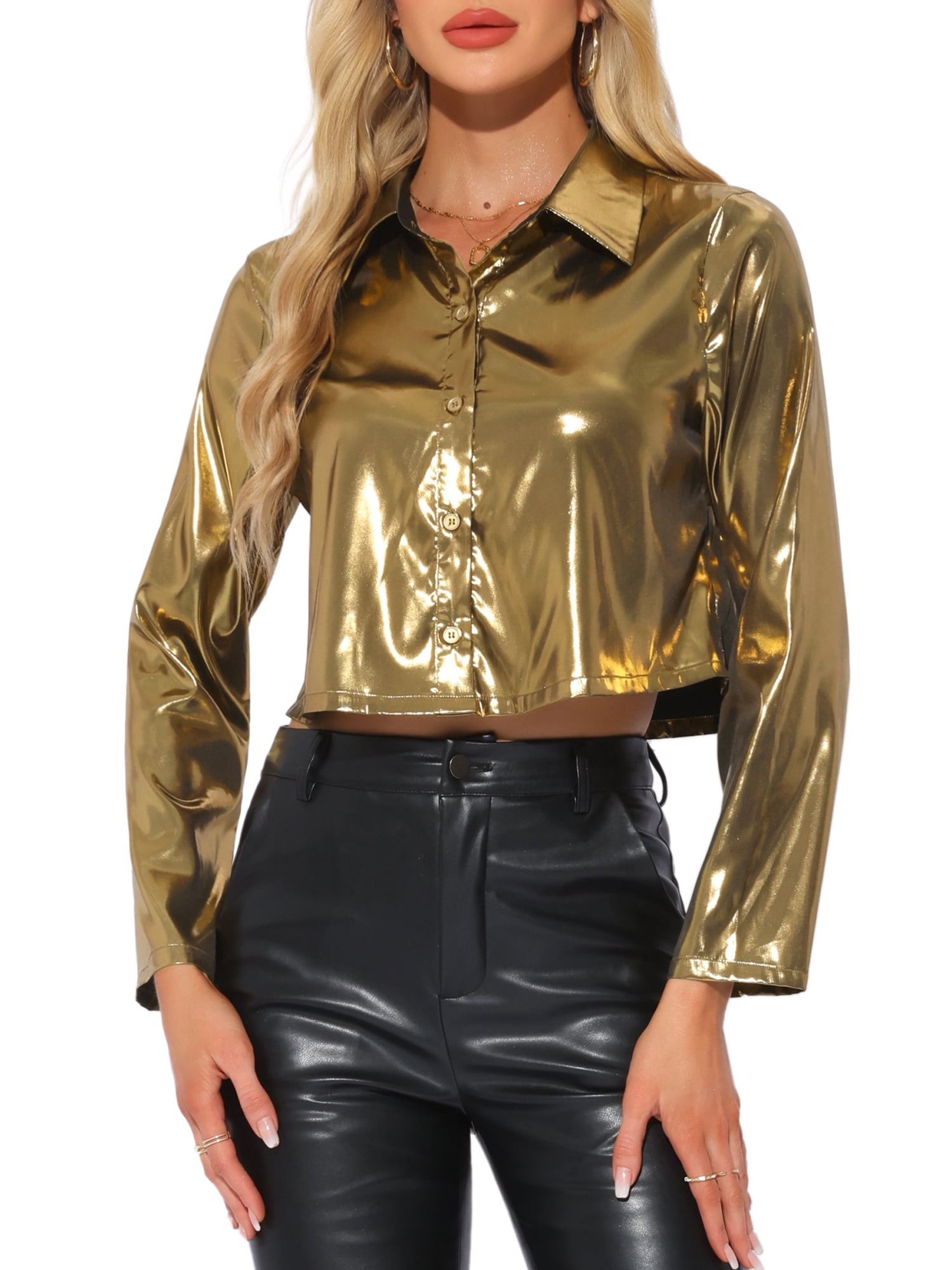 DARING DIVA Women's Long Sleeve Button Down Blouse Shirt Party Tops M Gold