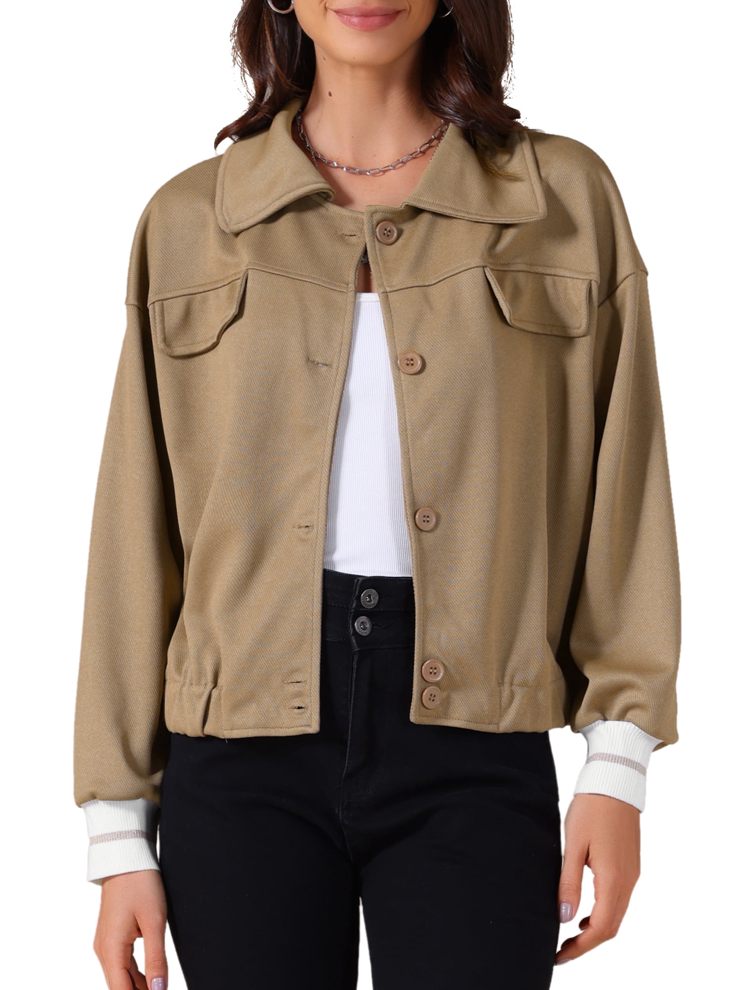 DARING DIVA Women's Long Sleeve Button Down Cropped Jacket XL Khaki
