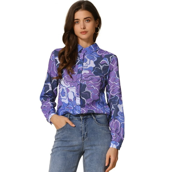 DARING DIVA Women's Long Sleeve Button-Down Ditsy Floral Shirt Top S Purple